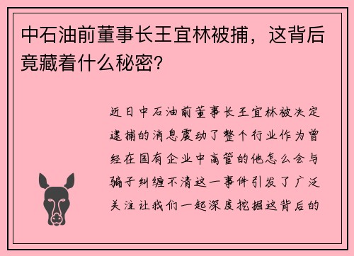 中石油前董事长王宜林被捕,这背后竟藏着什么秘密?