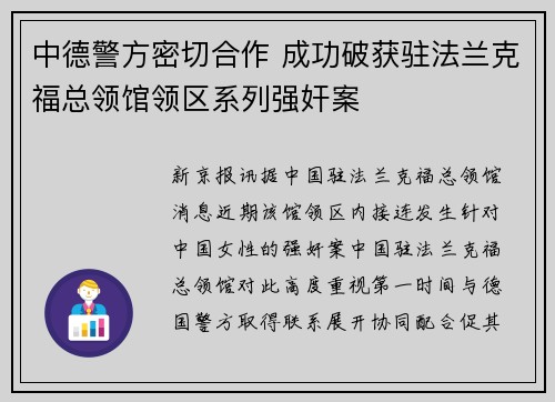 中德警方密切合作 成功破获驻法兰克福总领馆领区系列强奸案