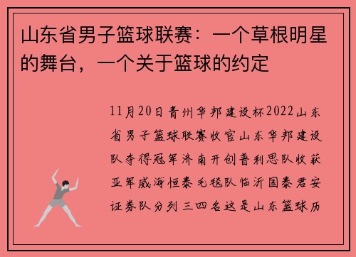 山东省男子篮球联赛：一个草根明星的舞台，一个关于篮球的约定