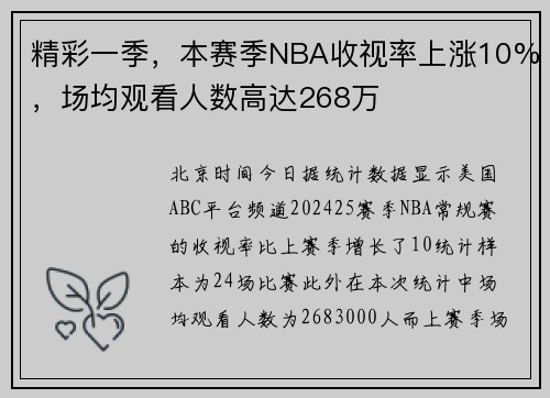 精彩一季,本赛季NBA收视率上涨10%,场均观看人数高达268万