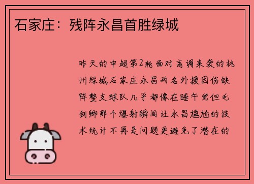 石家庄:残阵永昌首胜绿城