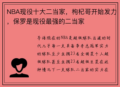 NBA现役十大二当家，枸杞哥开始发力，保罗是现役最强的二当家