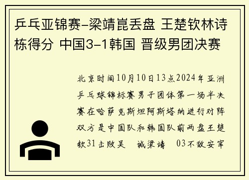 乒乓亚锦赛-梁靖崑丢盘 王楚钦林诗栋得分 中国3-1韩国 晋级男团决赛